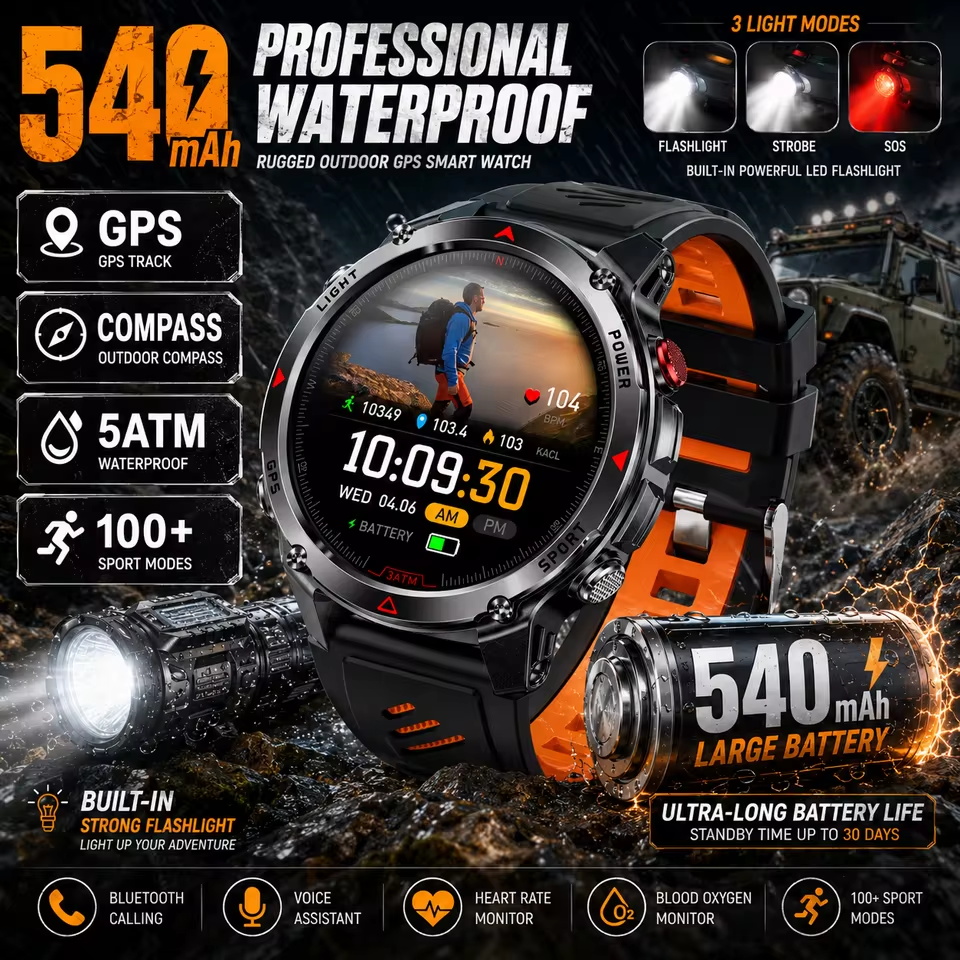 Android Smartwatch Accessories - Military 540mAh GPS Smart Watch 3ATM